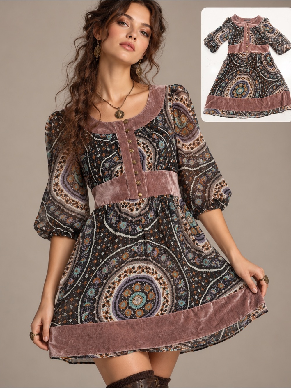 Theme NYC Velvet-Trim Vintage Inspired Dress Boho Whimsigoth Steampunk